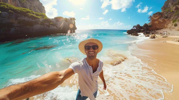 Smiling man taking a selfie on a sunny beach with turquoise waters