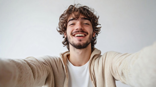 Photo smiling man taking selfie on white background