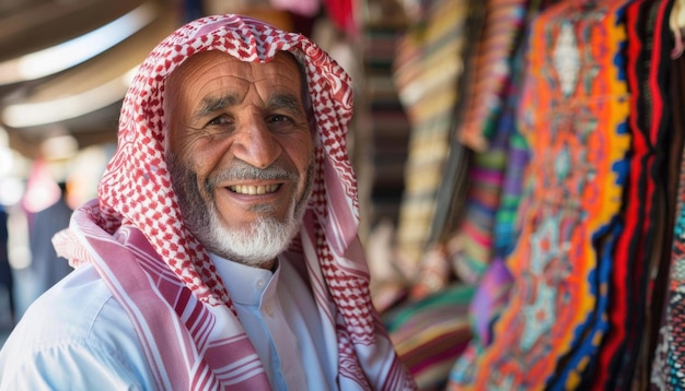 Smiling Man in Traditional Clothing in Middle Eastern Market