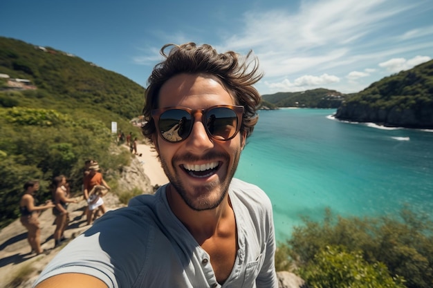 Smiling Man Traveling in Summer Taking a Holiday Selfie Generative Ai