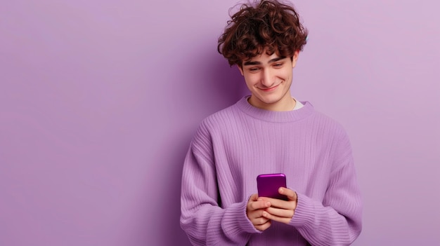 Smiling man using his phone in purple sweater on lilac background