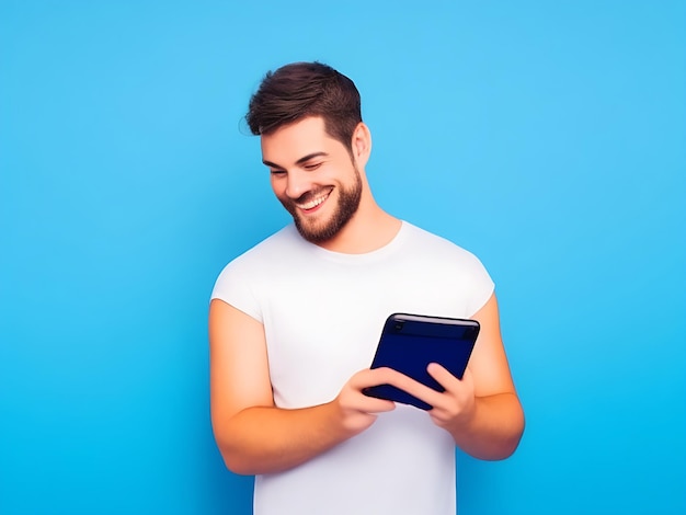 Smiling man using smartphone standing isolated on blue background copy space