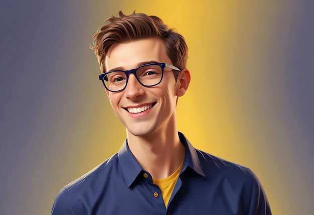 a smiling man wearing glasses and a shirt with a yellow shirt that says quot he is smiling quot