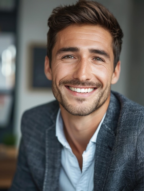 A smiling man wearing a gray jacket and white shirt suitable for corporate or casual occasions