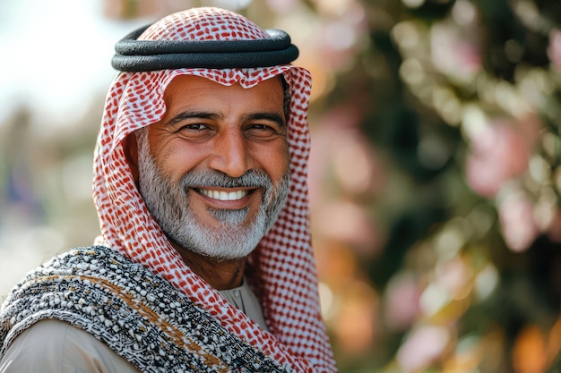 Photo a smiling man wearing a traditional keffiyeh and agal standing outdoors