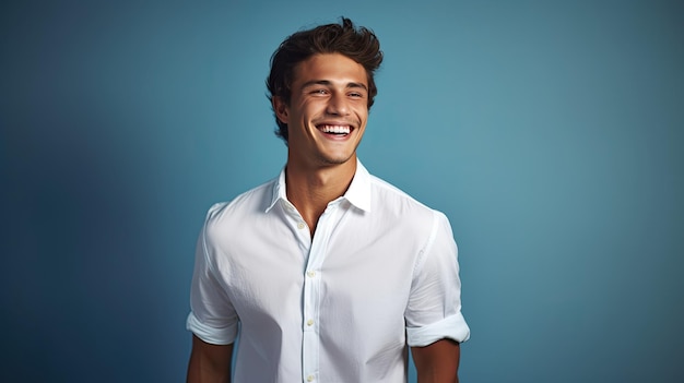 smiling man in white shirt on blue background