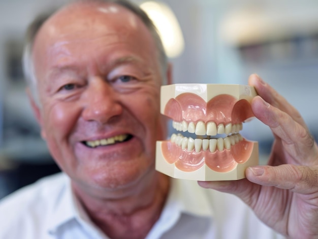 A smiling man in a white shirt joyfully displays a model of a tooth in his hand