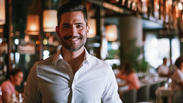 Smiling man in white shirt standing in a restaurant with people sitting at tables