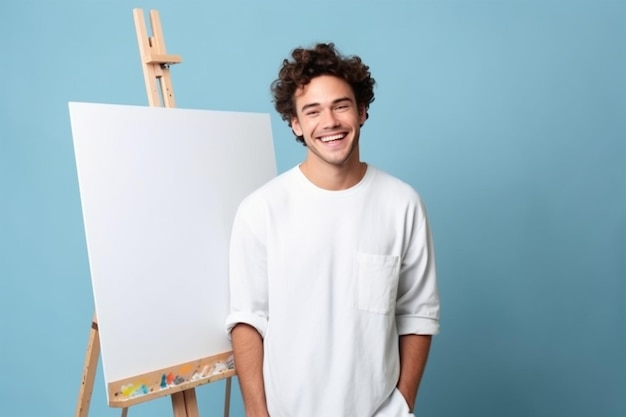 a smiling man in a white shirt stands in front of a painting that says " smile ".