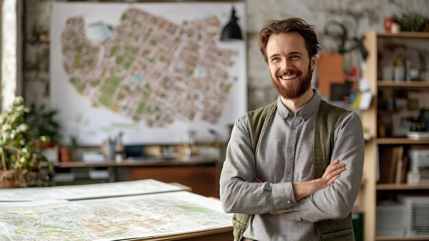 Photo a smiling man with arms crossed standing in front of a map