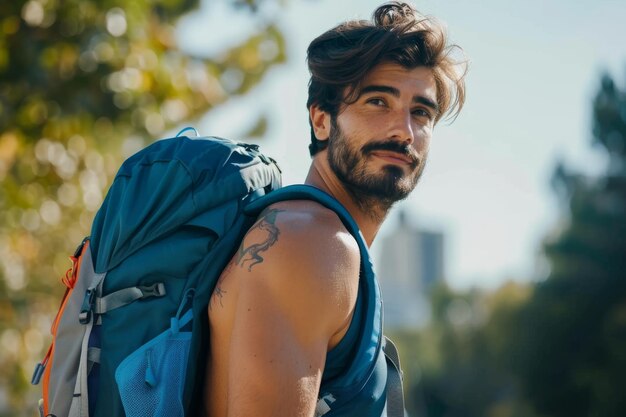 Smiling man with backpack on sunny day outdoors