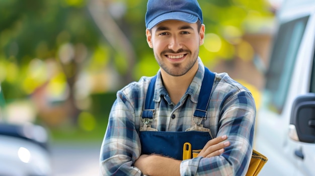 smiling man with a beard wearing a blue cap a plaid shirt and a blue overall with a tool belt standing confidently with his arms crossed in front of a white van