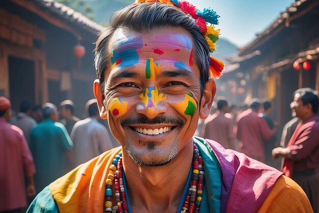 Smiling man with colorful paint celebrates traditional festival generated by AI