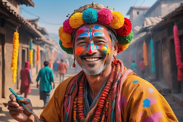 Smiling man with colorful paint celebrates traditional festival generated by AI