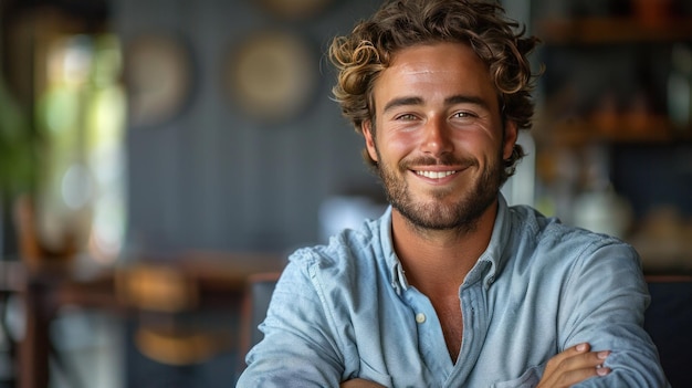 Smiling Man with Curly Hair in a Casual Setting