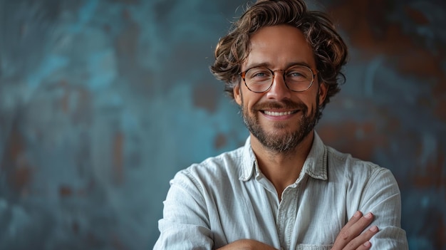 Smiling Man with Glasses and Wavy Hair