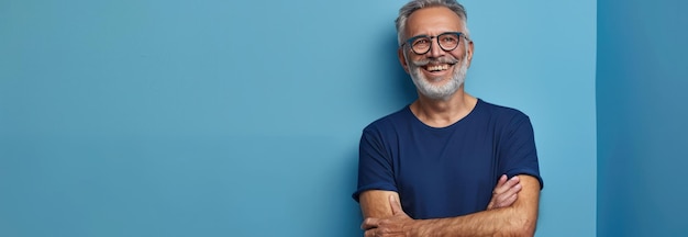 Smiling man with grey hair and glasses standing against a blue wall