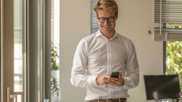 Photo a smiling man with smartphone