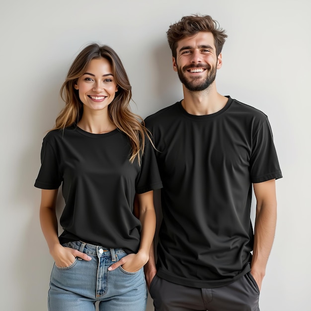 Photo smiling man and woman in black blank tshirts mockup