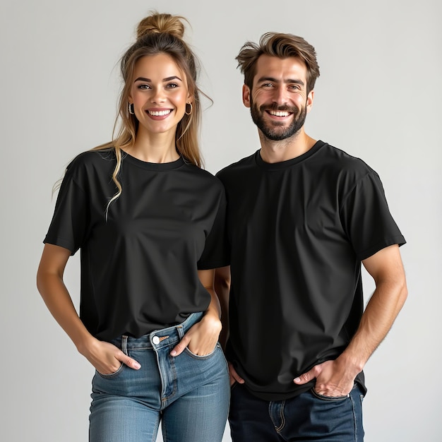 Photo smiling man and woman in black blank tshirts mockup