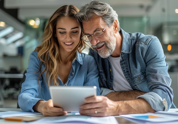 Smiling man and woman looking at tablet