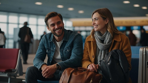 Photo smiling man and woman waiting for flight together