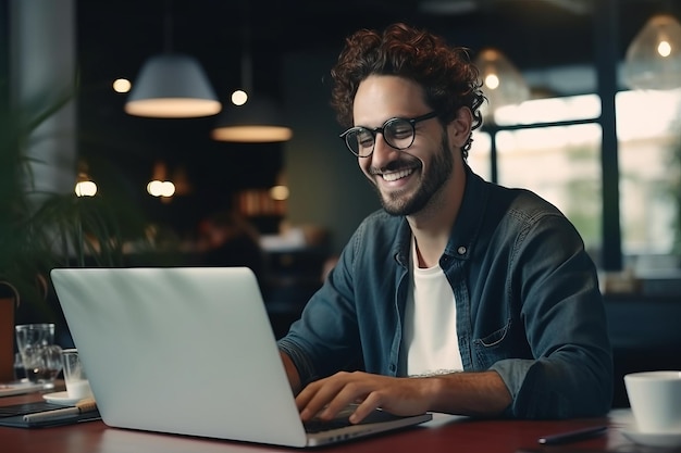 A smiling man works at a laptop remote work video communication generative ai