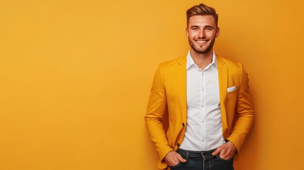 Photo smiling man in yellow suit