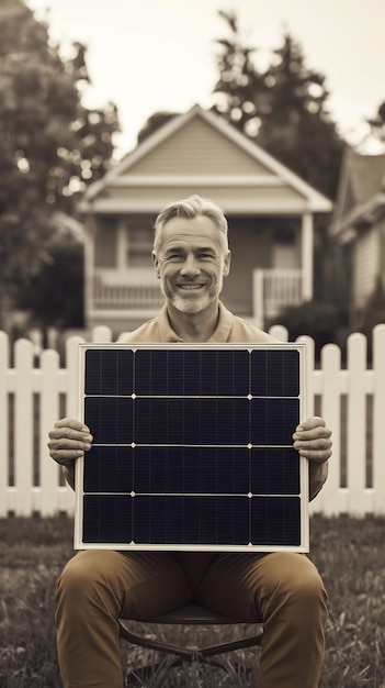 Photo smiling mature man sitting with solar panel in front of house