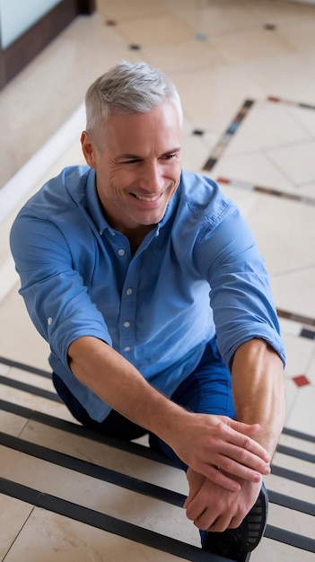 Photo smiling mature man stretching legs on stairs