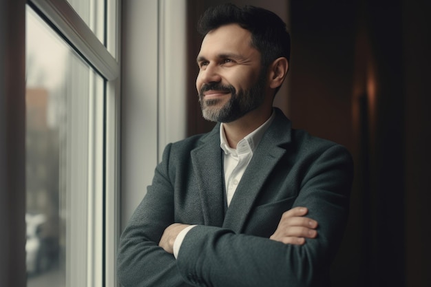 A smiling mature man with arms folded in suit near a window in an office Generative AI AIG21