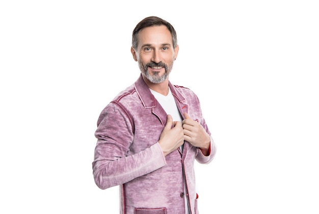 Smiling mature stylish man in studio mature man wear stylish jacket photo of mature stylish man