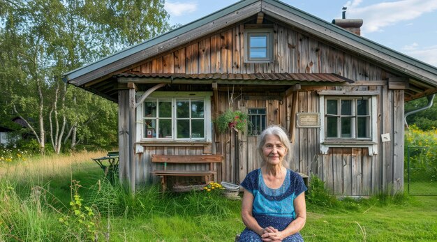 Smiling mature woman sitting in a grassy field enjoying the peaceful setting in front of a cabin