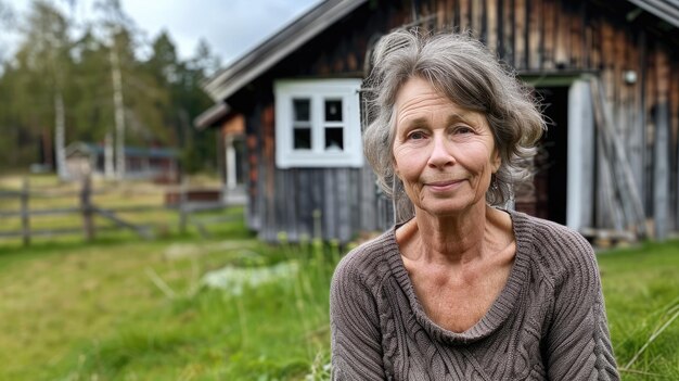 Smiling mature woman sitting in a grassy field enjoying the peaceful setting in front of a cabin