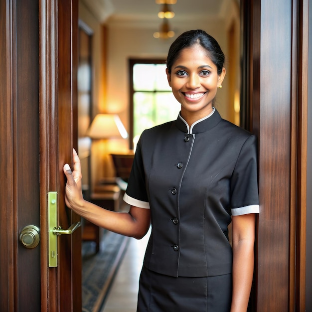 Photo smiling mauritian hotel maid welcoming guests at fourstar hotel entrance generative ai