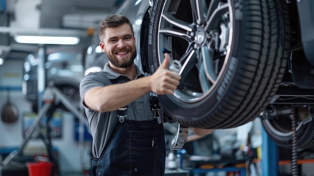 Smiling mechanic showing thumbs up near car wheel in auto repair shop