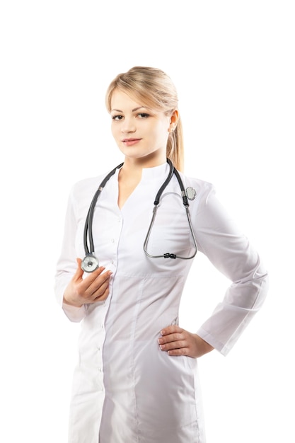 Smiling medical doctor woman with stethoscope Isolated over white background