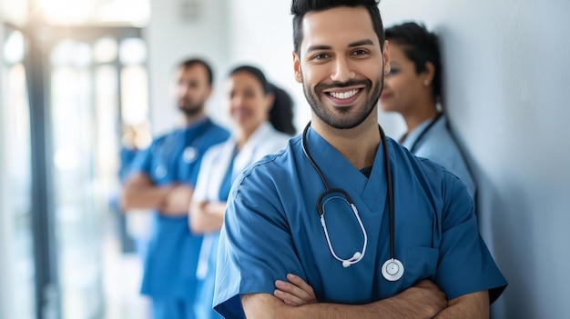 Smiling medical professionals in blue scrubs standing in a hospital corridor Group of happy diverse doctors ready to assist Healthcare teamwork and medical staff portrait concept AI