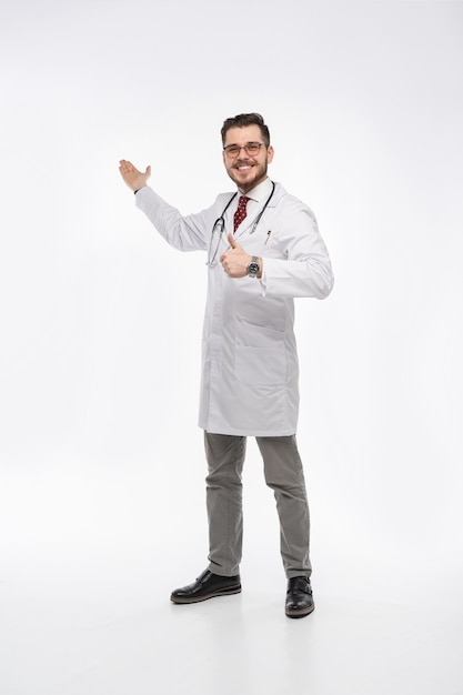 Smiling medical worker in white coat and tie