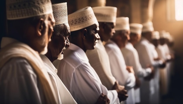 Smiling men in traditional clothing standing in a row generated by AI