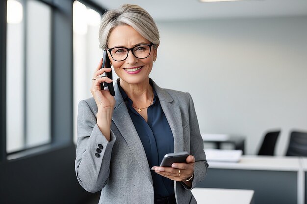 Photo smiling mid aged business woman holding cell phone standing in office happy mature professional businesswoman wearing eyeglasses holding smartphone using smartphone looking at cellphone copy space