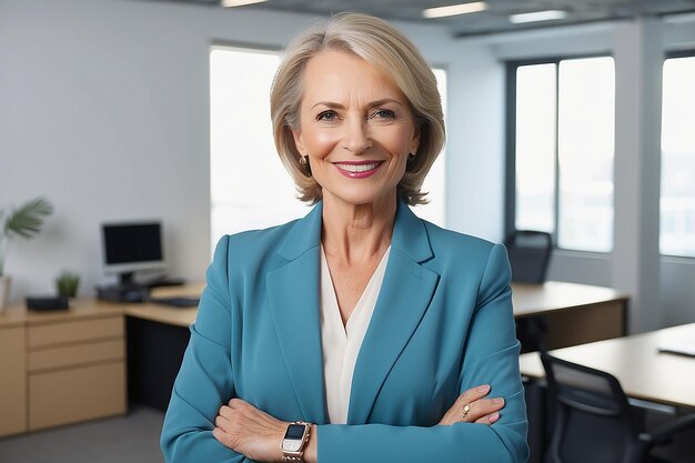 Photo smiling middle aged business woman happy older lady entrepreneur mature female professional executive manager leader standing arms crossed in office looking at camera vertical portrait