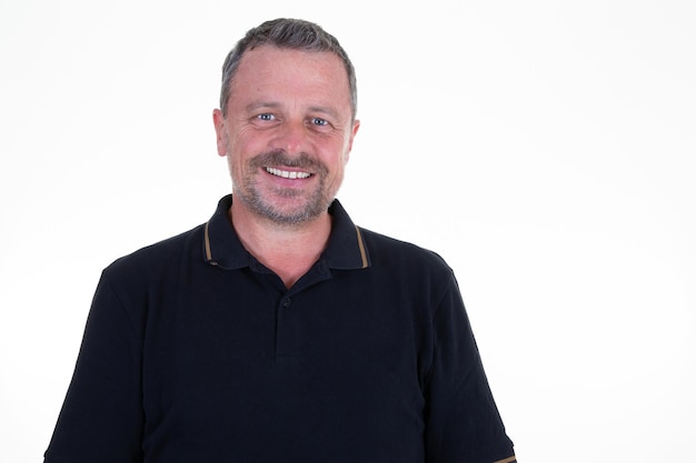 Smiling middle aged casual man in black shirt casual isolated on white background