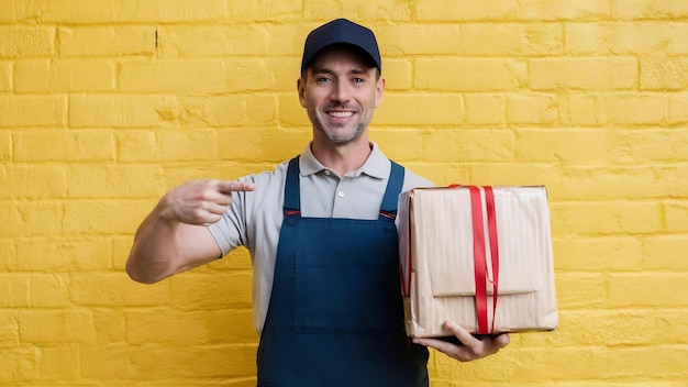 Smiling middle aged delivery man in uniform and cap holding and points at paper food package isolat