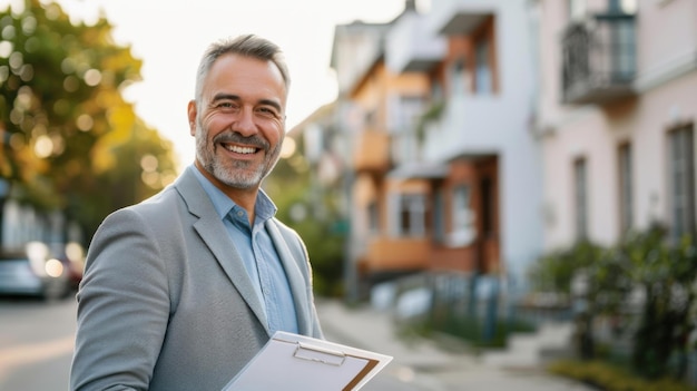 Smiling Middle Aged Man Realtor Holding Clipboard Front Houses Real Estate Marketing