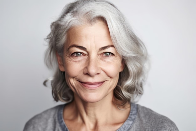 Smiling middle aged mature grey haired woman looking at camera isolated on white background