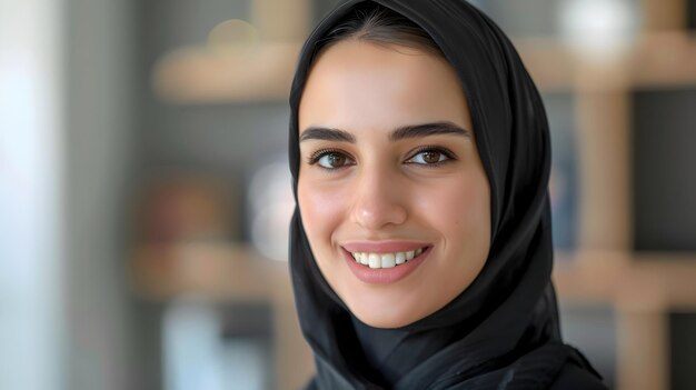 Smiling Middle Eastern Woman in Hijab Facing