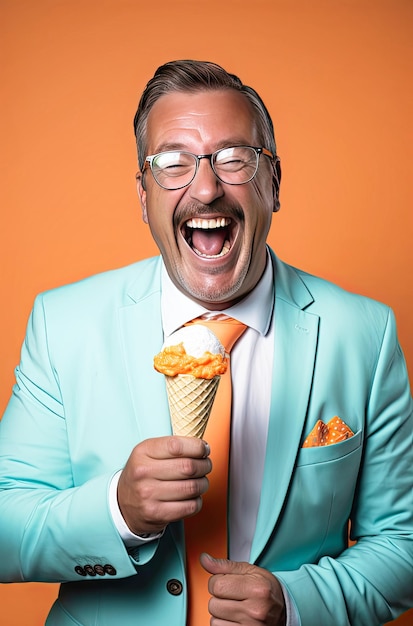 Smiling middleaged man in orange tie and ice cream