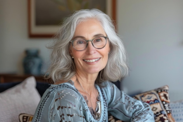 Smiling middleaged woman with grey hair and glasses