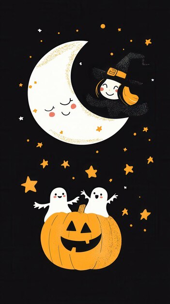 A smiling moon winks at a witch in flight while friendly ghosts party in a pumpkin